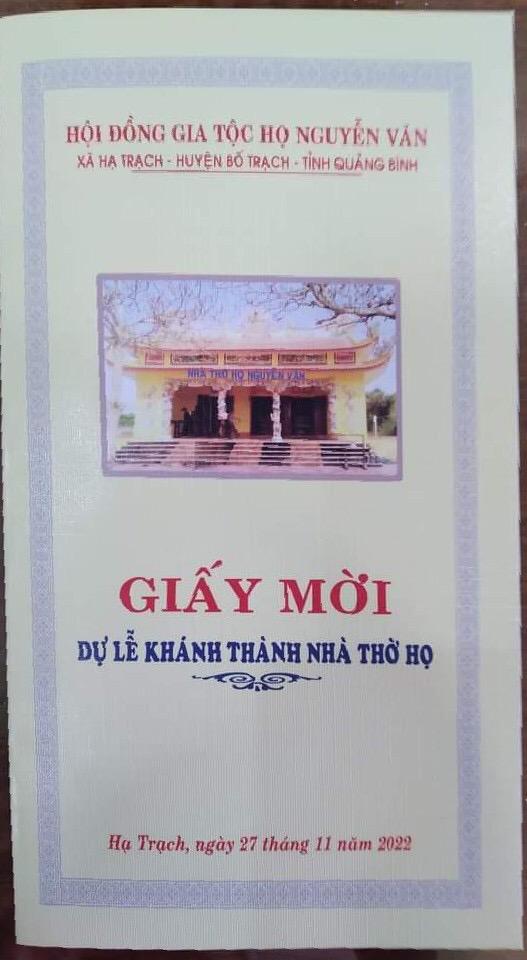 Giấy mời dự lễ khánh thành nhà thờ họ Nguyễn Văn